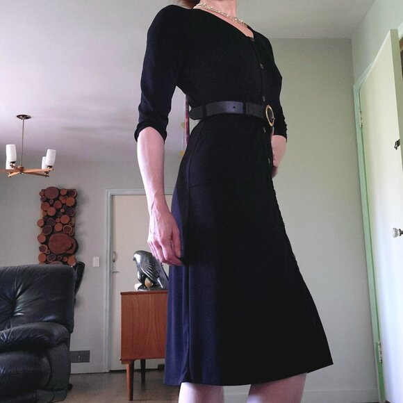 Monteau | Black V-Neck Faux Button A Line Midi Dress | L - Picture 2 of 10